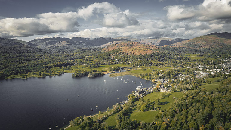 An aerial view of Windermere in The Lake District