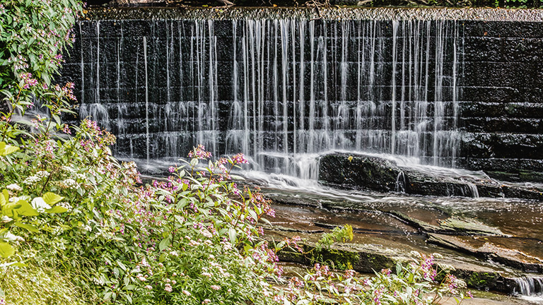 A mini waterfall at Yarrow Valley Country Park