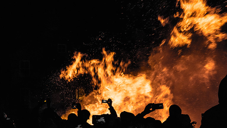 Flaming barrels at Allendale's Tar Bar'l festival on New Year's Eve in Northumberland