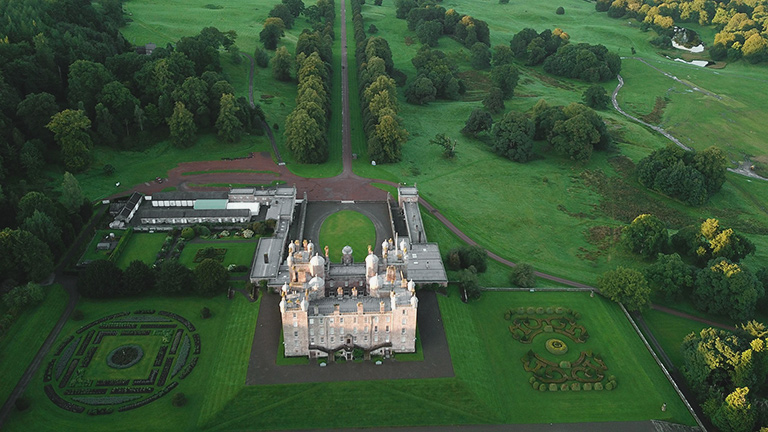 An aerial view of Drumlanrig Castle in Dumfries and Galloway