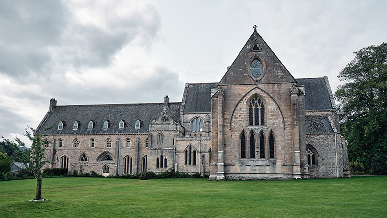 The exterior of Pluscarden Abbey near Elgin