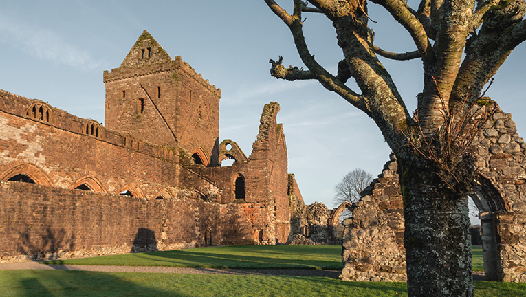 The remains of Sweetheart Abbey in New Abbey, Dumfries, in golden hour