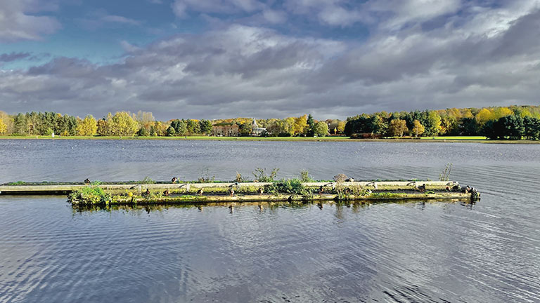 A view over the calm waters of Strathclyde Loch in Strathclyde Country Park in Scotland