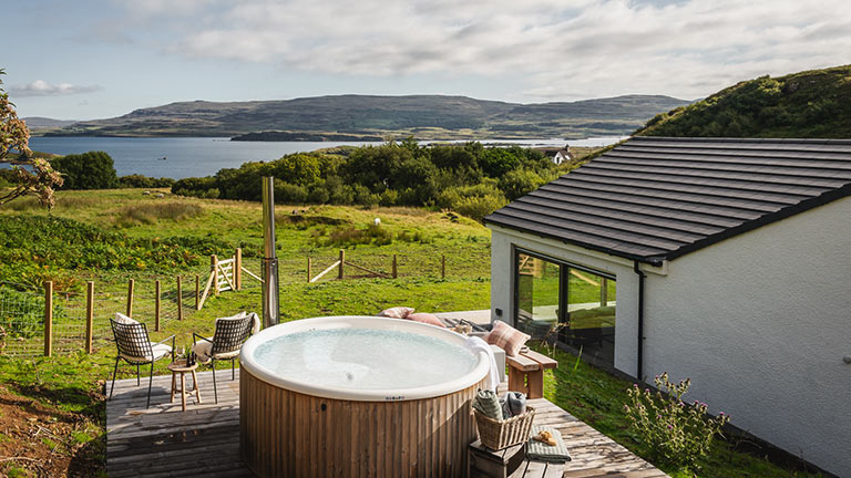 Hot tub views from Tigh an Tobair overlooking Loch Dunvegan in Skye