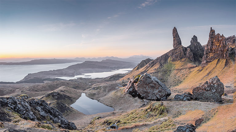Views of the Old Man of Storr in the Isle of Skye with island views and the sea beyond
