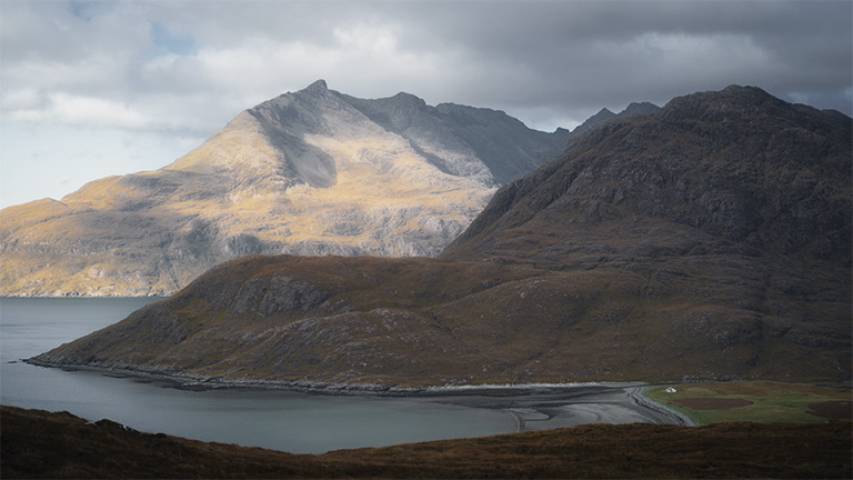 View of Camasunary Bay in morning light with Sgurr na Stri to the right and Gars-bheinn to the left 
