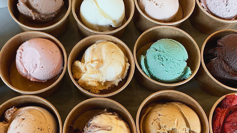 Multi-coloured scoops of Somerset gelato in recyclable pots by Palette and Pasture