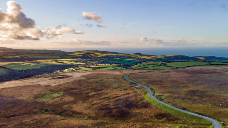 A bird's eye view of the patchwork of fields across Exmoor National Park