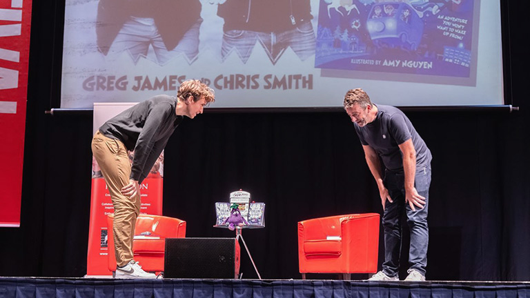 Greg James and Chris Smith on stage at Bath Children's Literature Festival