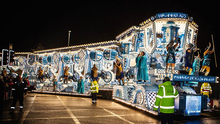 An illuminated festival train at Bridgwater Guy Fawkes Carnival 