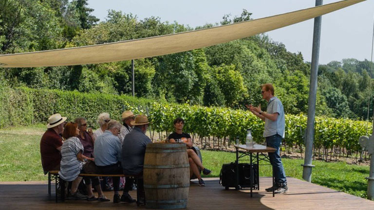 A group enjoying a guide wine tasting tour and talk at Greyfriars Vineyard in Puttenham