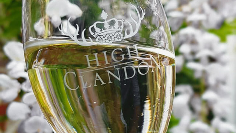 A glass of white wine in a glass by High Clandon Vineyard