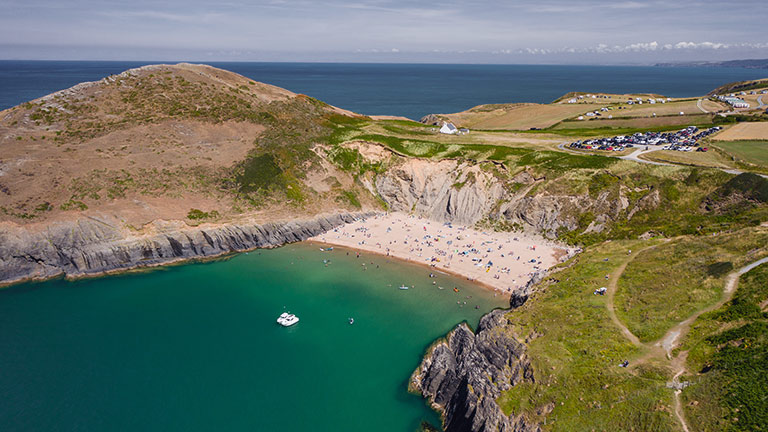 Looking down at the golden sands of Mwnt Beach in Cardiganshire
