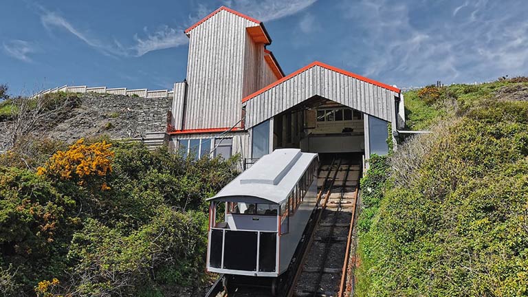 Aberystwyth Cliff Railway transporting passengers on a sunny day