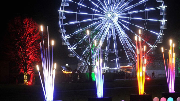 Christmas lights and the giant observation wheel at Winter Glow at the Three Counties Showground in Malvern