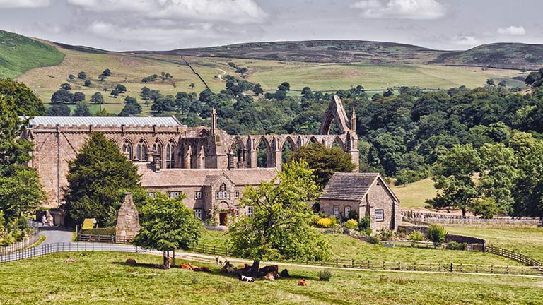 The beautiful ruins of Bolton Abbey in Yorkshire surrounded by trees and countryside