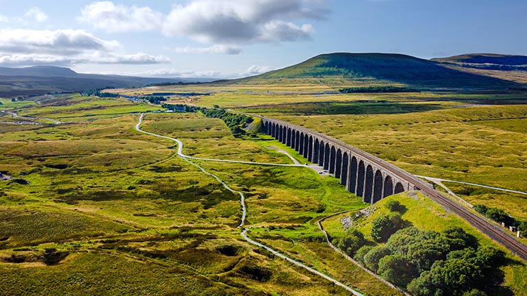 A bird's eye view of the 400-meter-long Ribblehead Viaduct in Yorkshire