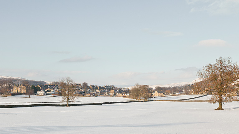The countryside surrounding Settle covered in snow